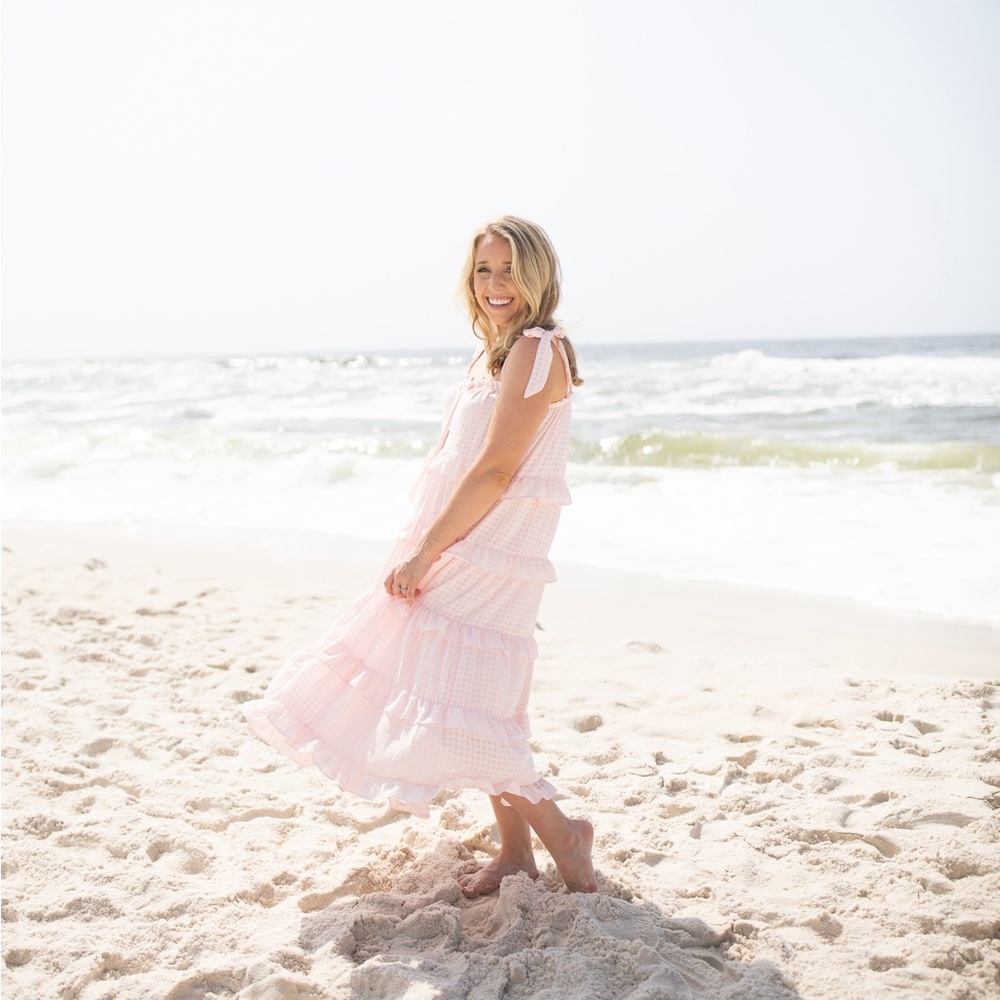 Pink Bow Sleeve Ruffle Tiered Maxi Dress